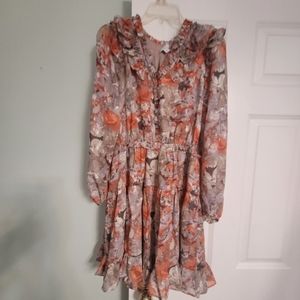 Current Air Anthropologie Picot Stitch Floral Mini Dress Gray Orange Medium